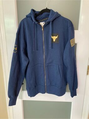 Under Armour Project Rock Freedom Blue Zip Up Hoodie Men M Gold Brahma Bull NWT